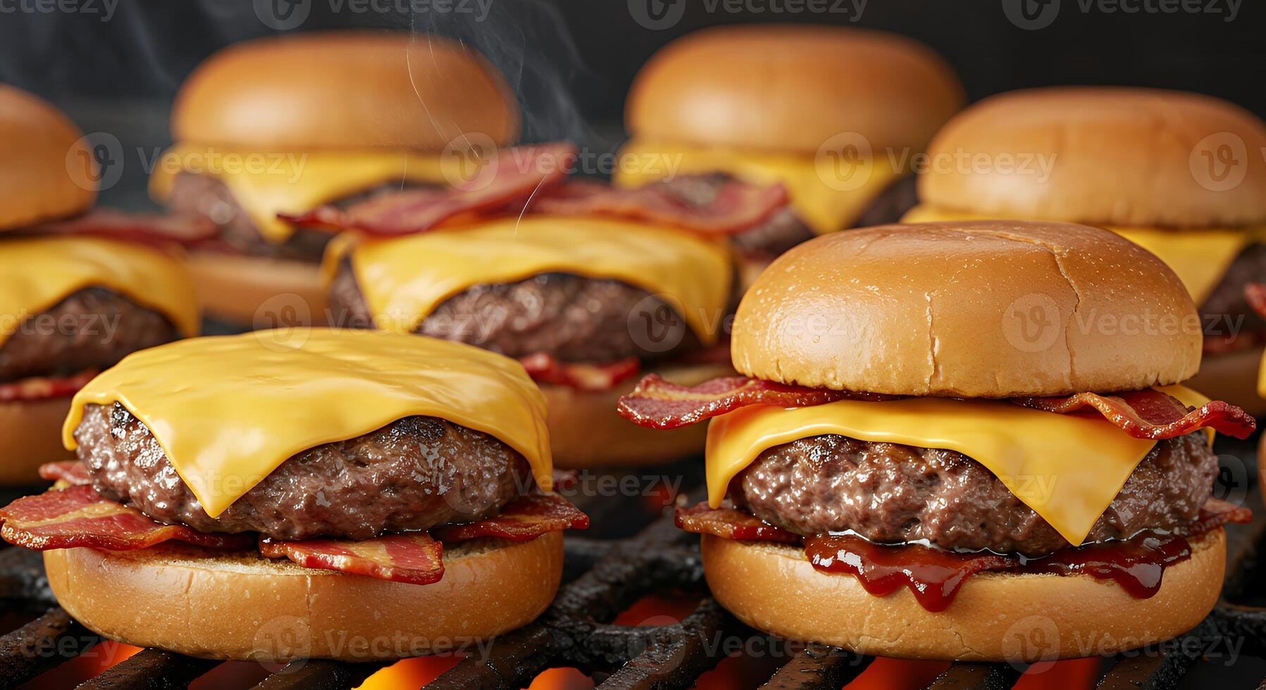 Delicious Cheeseburgers with Bacon Cooking on Grill for Summer Barbecue photo