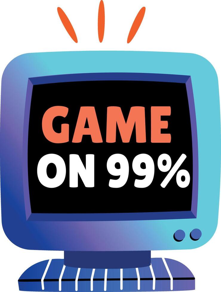 Game loading on computer device with typography, flat sticker vector
