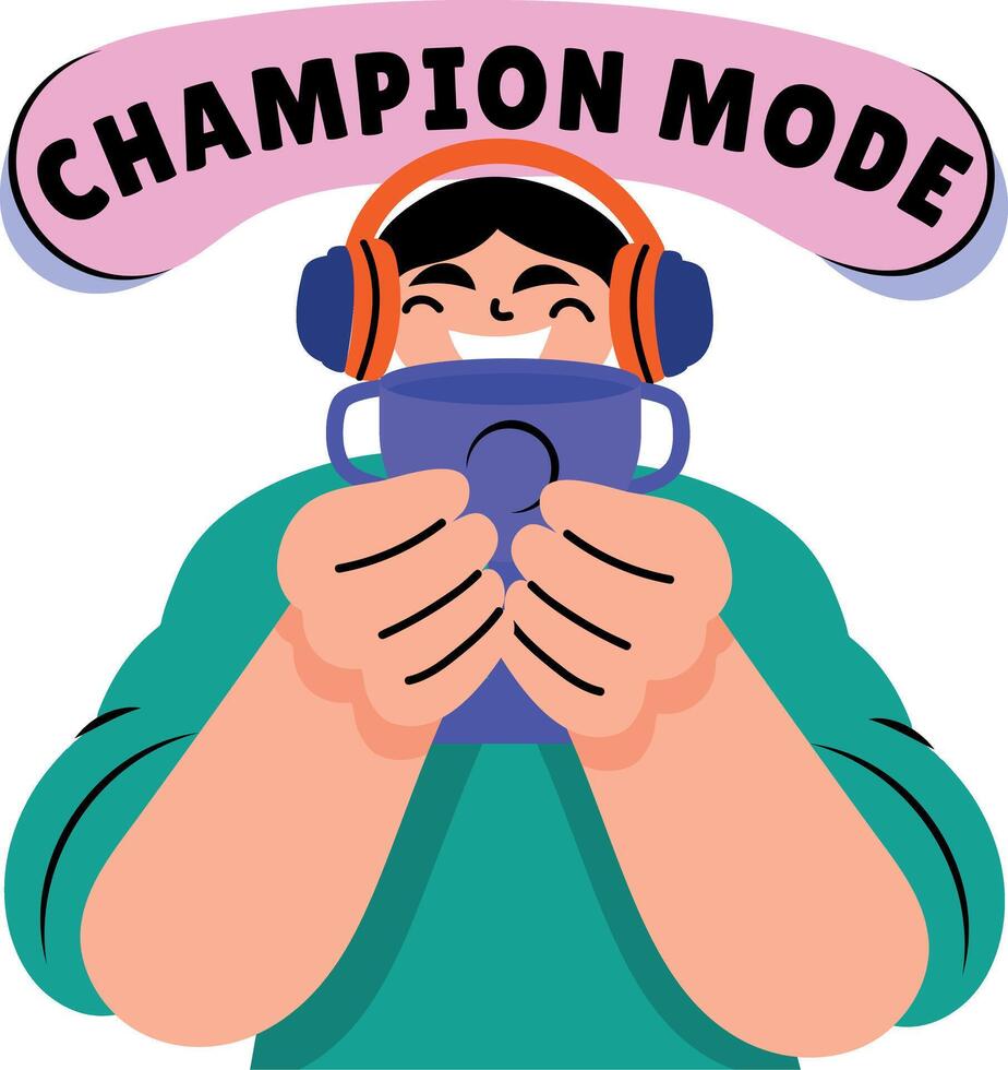 A person holding trophy and showing champion mode lettering, flat sticker vector