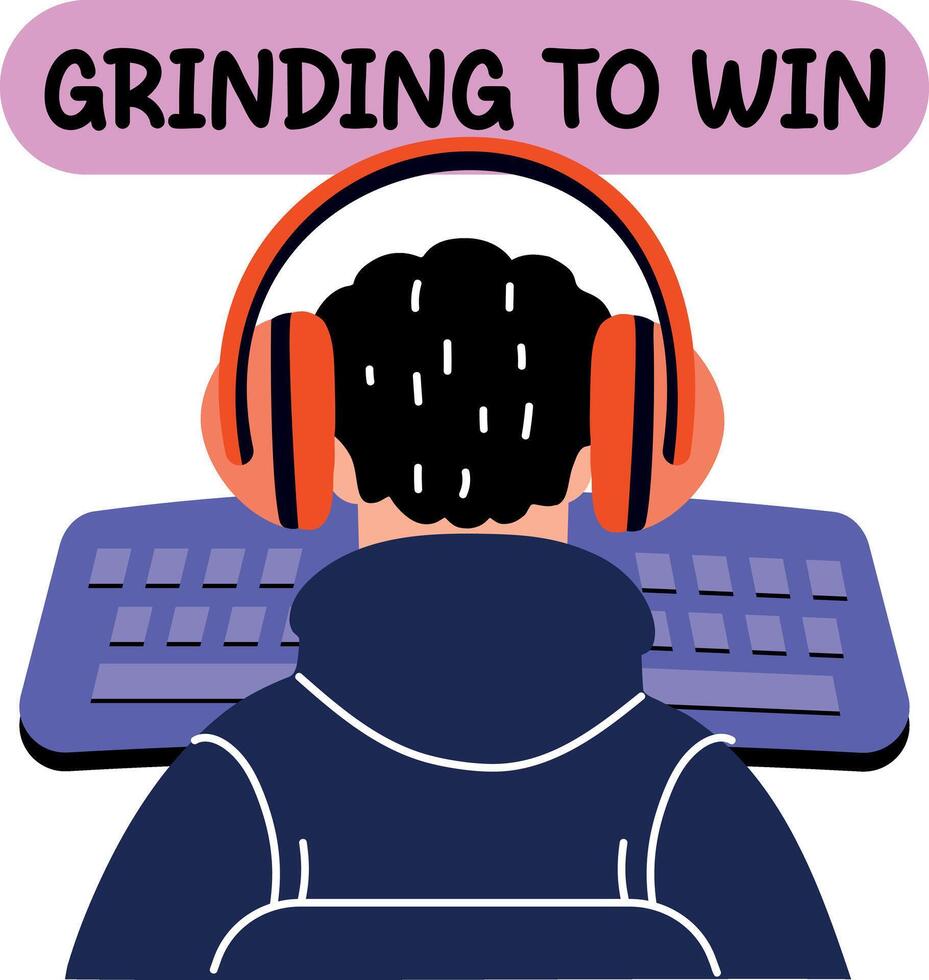 Sitting person playing game and using keyboard, flat sticker vector