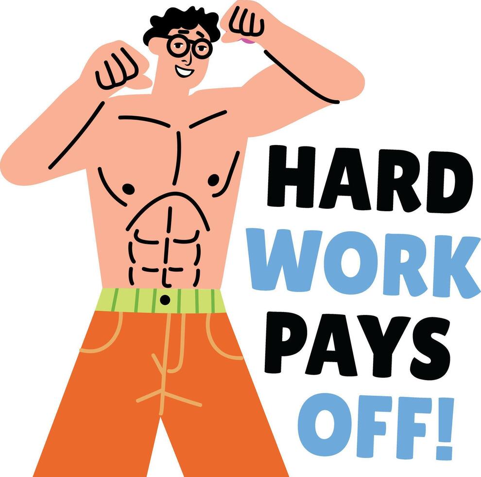 Gym character with visible abdominal muscles flexing arms, flat sticker vector