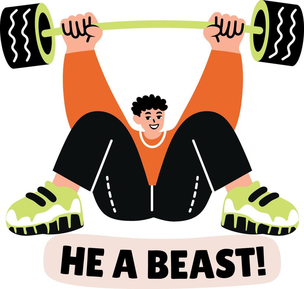 Person showing overhead lift and barbell, flat sticker vector
