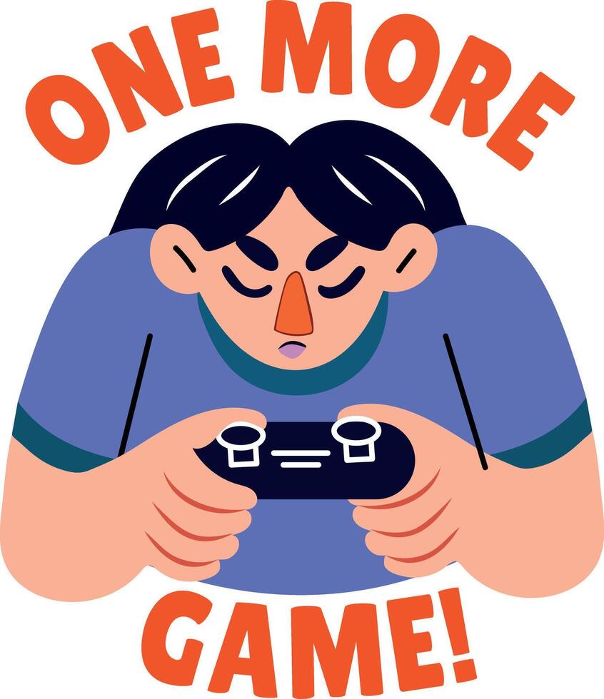Addicted person with typography one more game, flat sticker vector