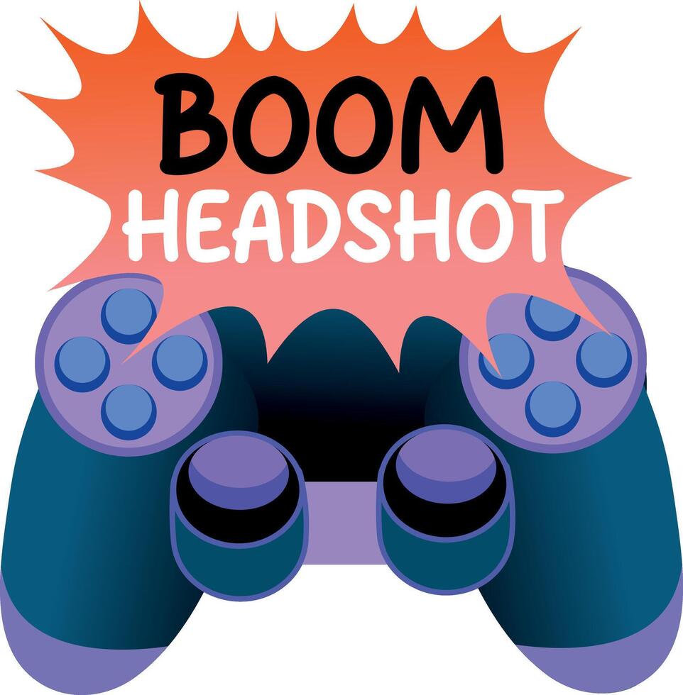 A gamepad showing typography boom headshot, flat sticker vector