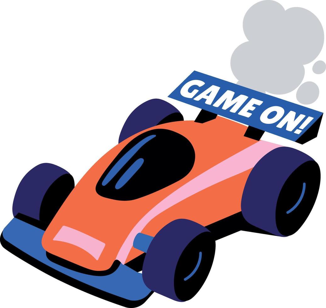 Racing vehicle showing game on typography, flat sticker vector