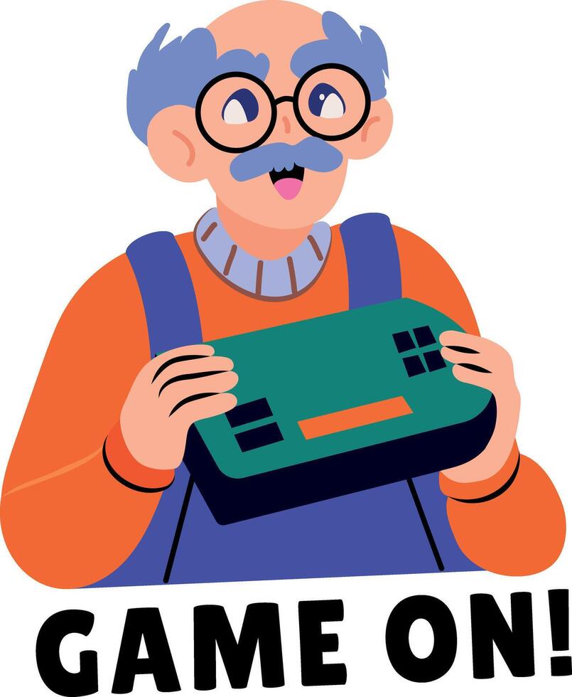 Old person playing and holding handheld device vector