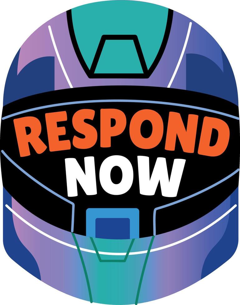 Gaming helmet showing typography respond now, flat sticker vector