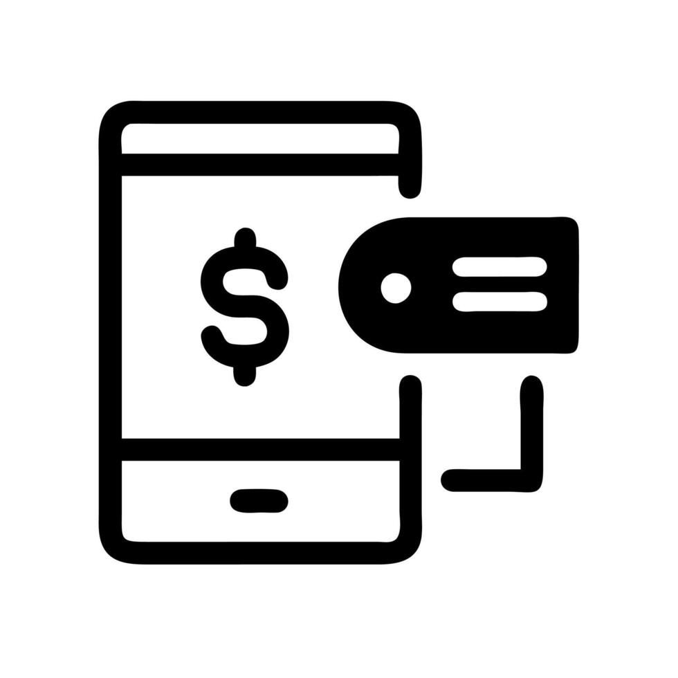 A black and white icon of a phone with a dollar sign vector