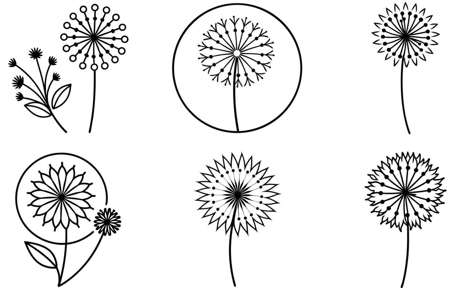 Dandelion Flower Icon Set, Black and White Line Art Illustration design vector
