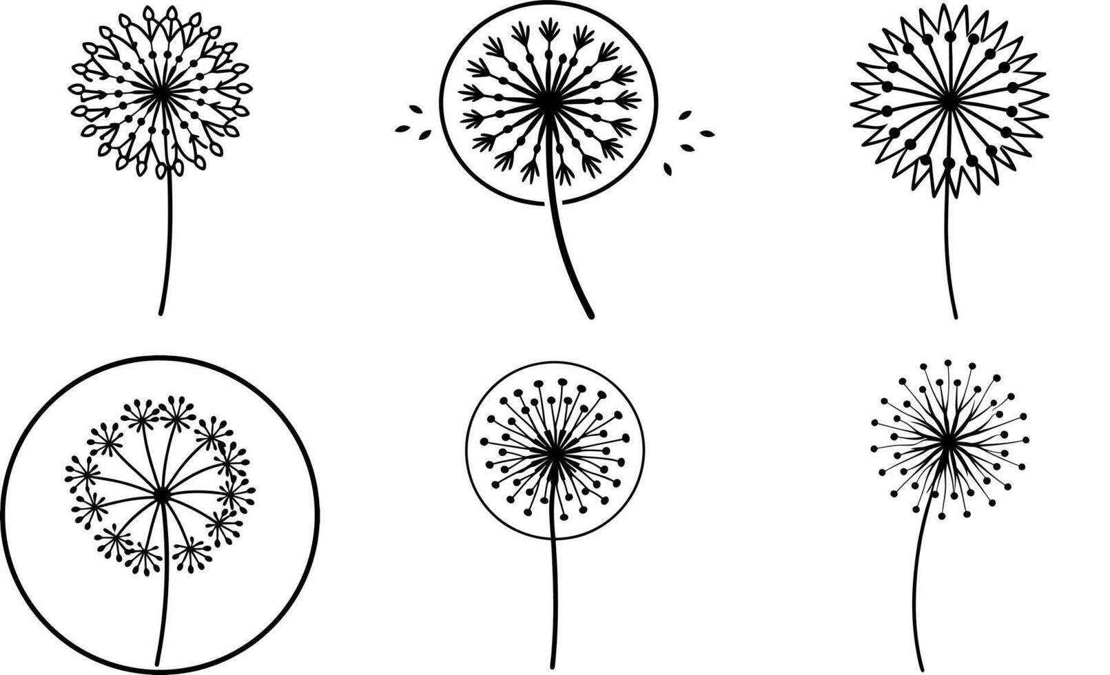 Dandelion Flower Icon Set, Black and White Line Art Illustration vector