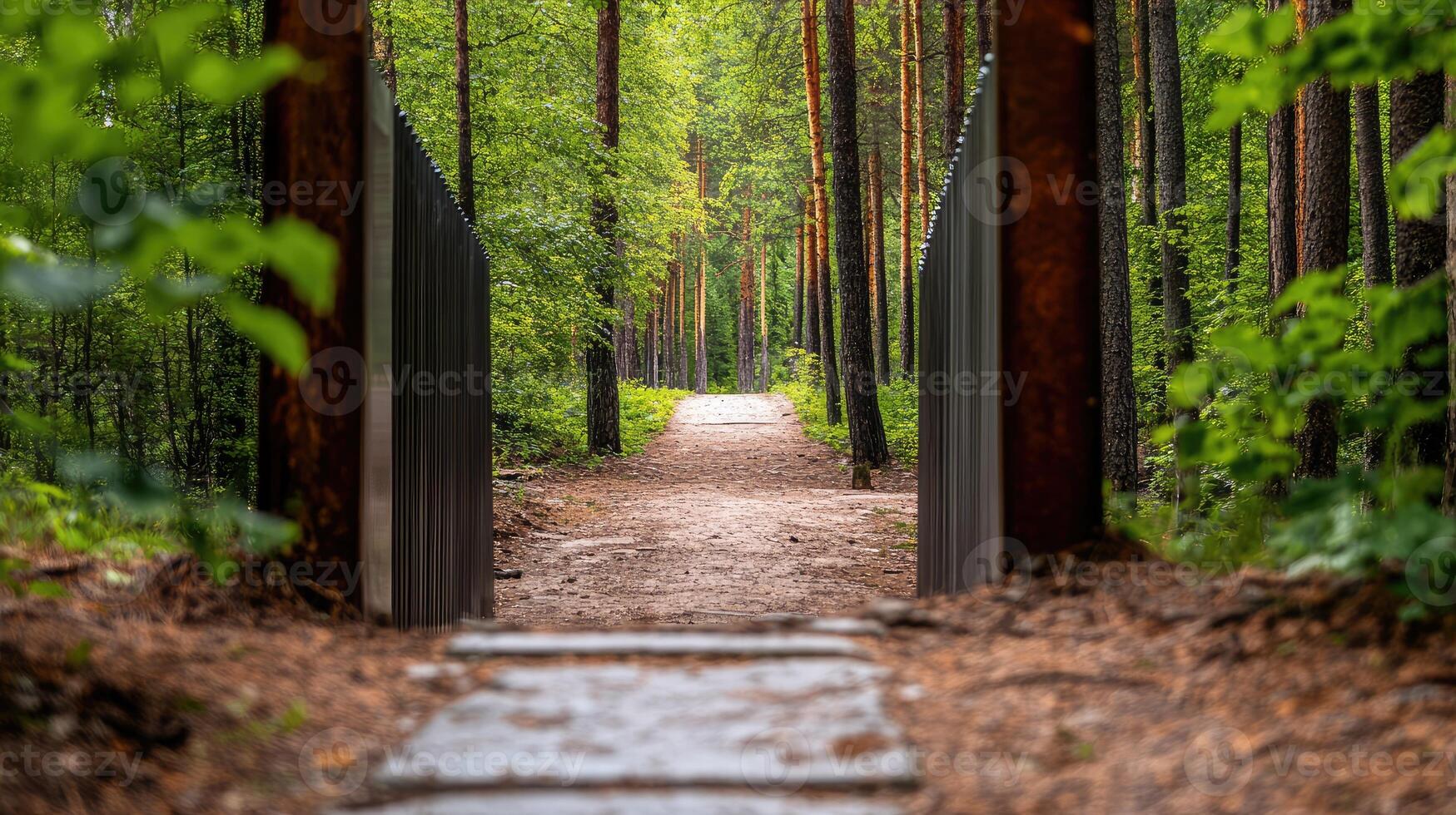 Path through woodland with unique metal structures flanking the trail photo