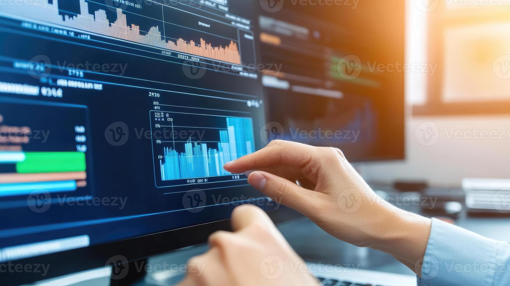 Close up investor analyzing stock market data on multiple computer screens photo