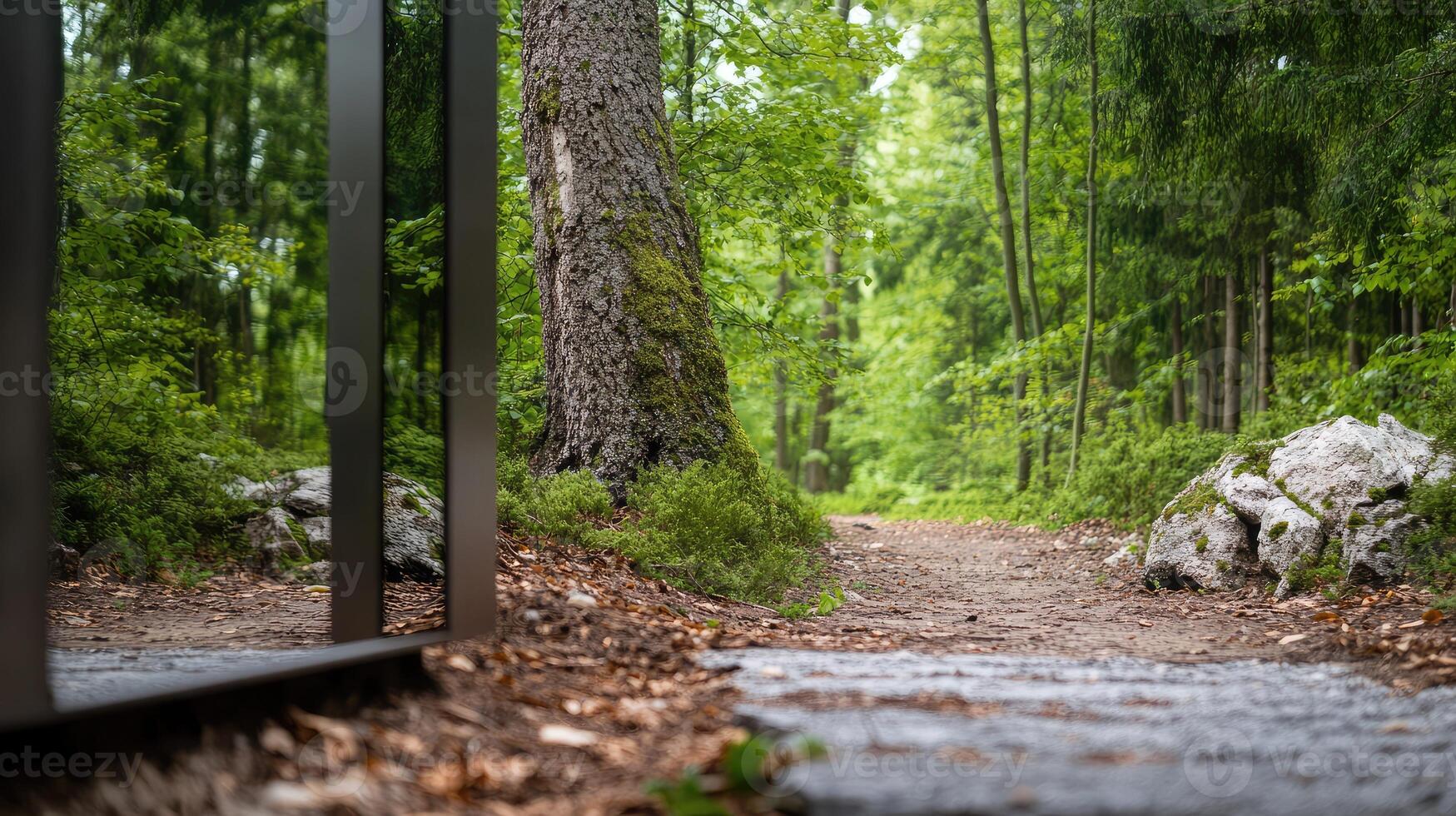 Abstracted pathway through a lush forest viewed through a gate's frame photo