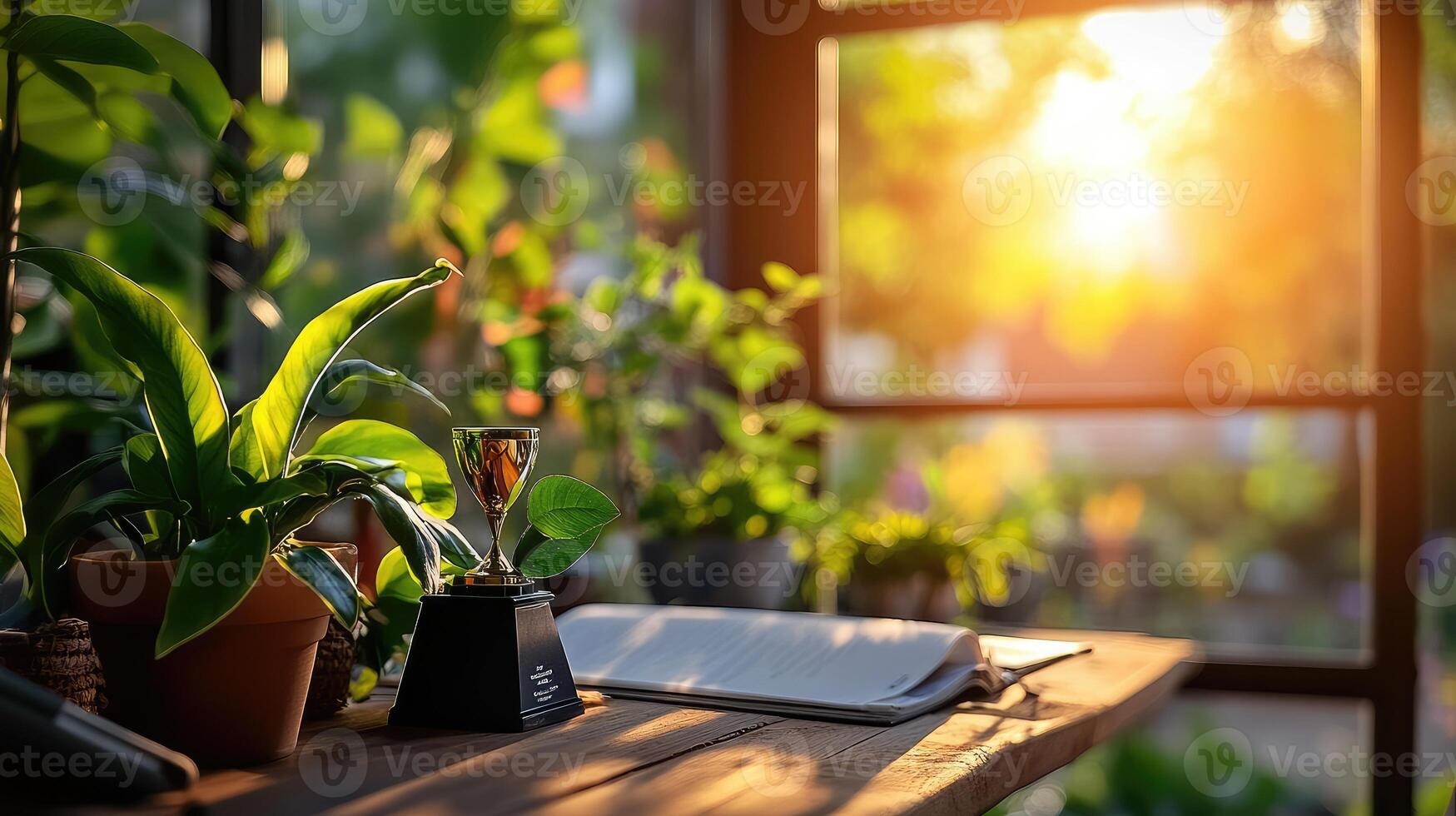Trophy and plants on wooden table with window view during sunny day photo