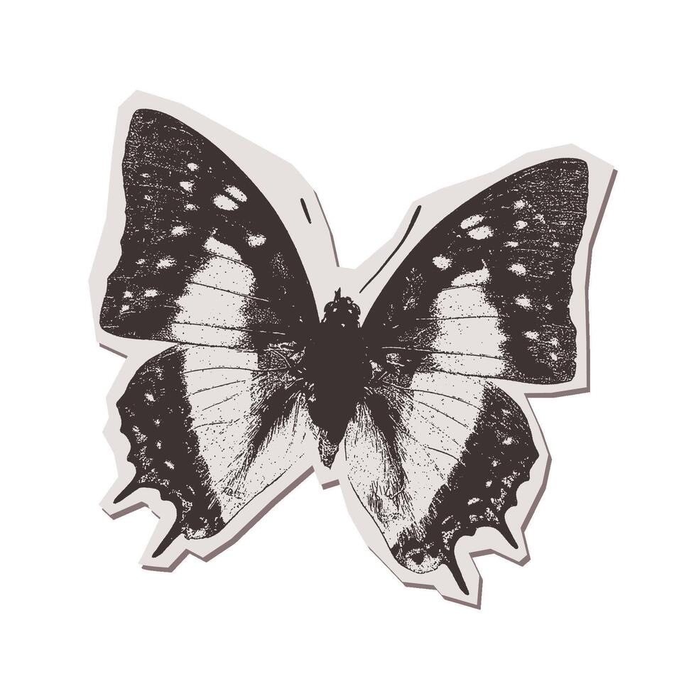 Butterfly isolated torn put paper sticker in stippling halftone collage style. Pop art illustration. . vector