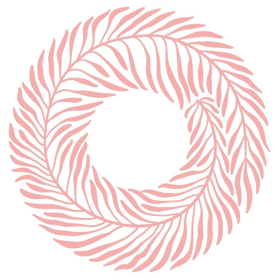 Trendy simple wavy and groovy round frame in boho naive style made of tropical palm plants. Floral botanic hand drawn design template and modern summer print. flat hand drawn illustration. vector