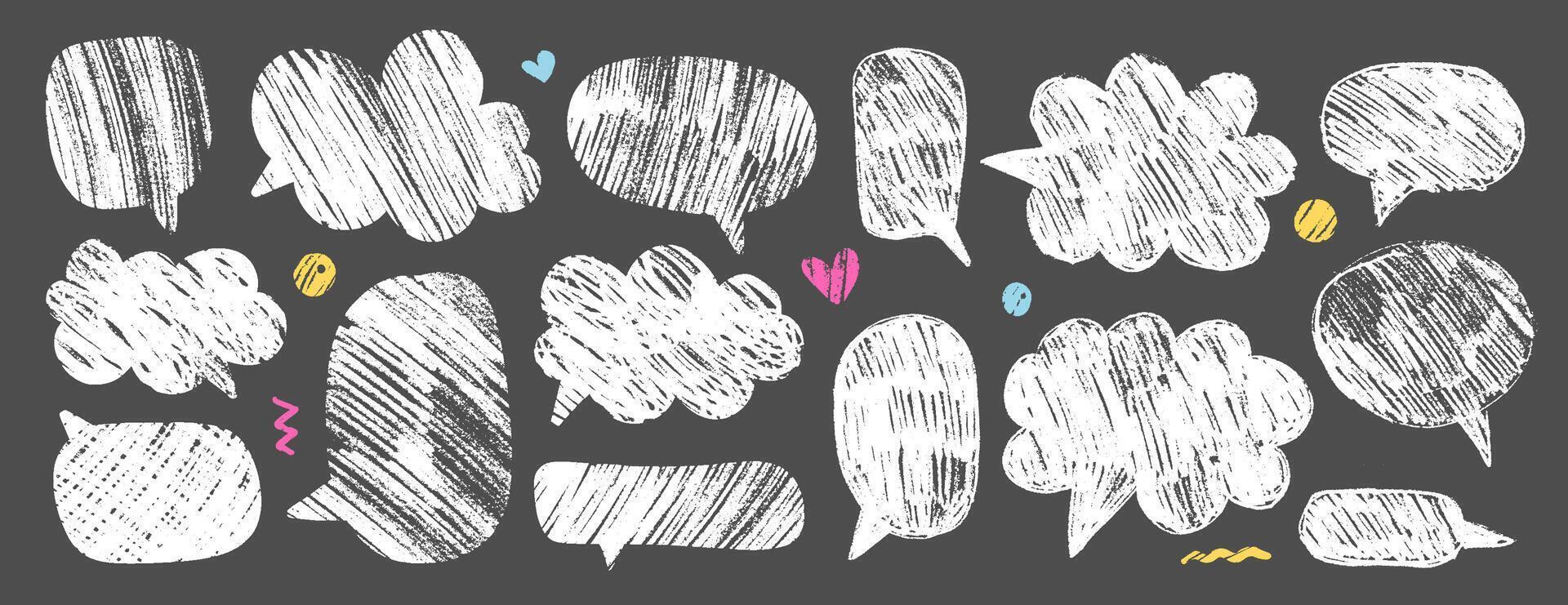 Empty white hand drawn grunge crayon, charcoal, chalk speech bubbles set in childish doodle style. Hand drawn crayon cloud message in dark background. textured balloon speak sign dialog frame vector