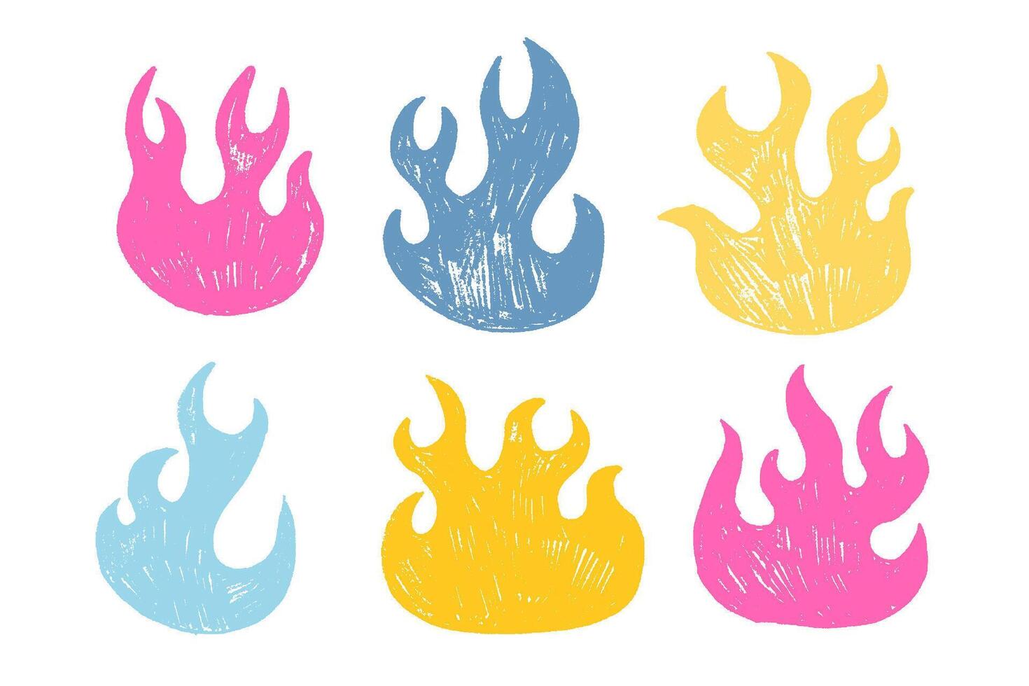 Set of fire flames with crayon, pastel or chalk texture. Color childish hand drawn illustration vector
