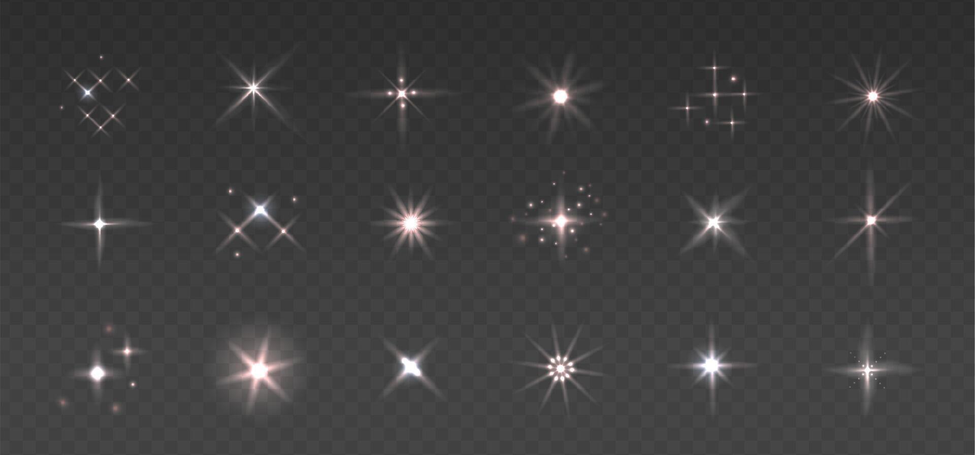 Sparkling warm white stars, flickering and flashing lights set. Collection of different light effects on dark background. Realistic illustration for overlay effect vector