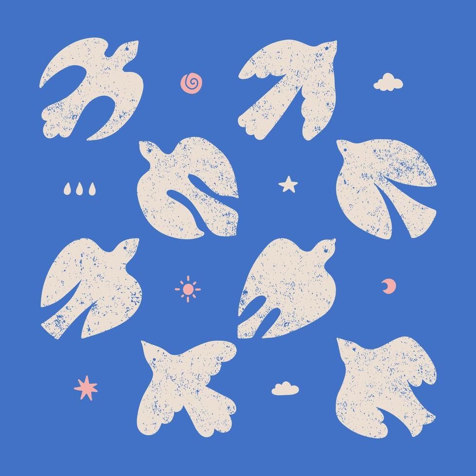 Vintage modern art print elements set in simple wavy and groovy naive style - birds flying in the sky. White flat hand drawn doves with organic texture. groovy illustration. vector