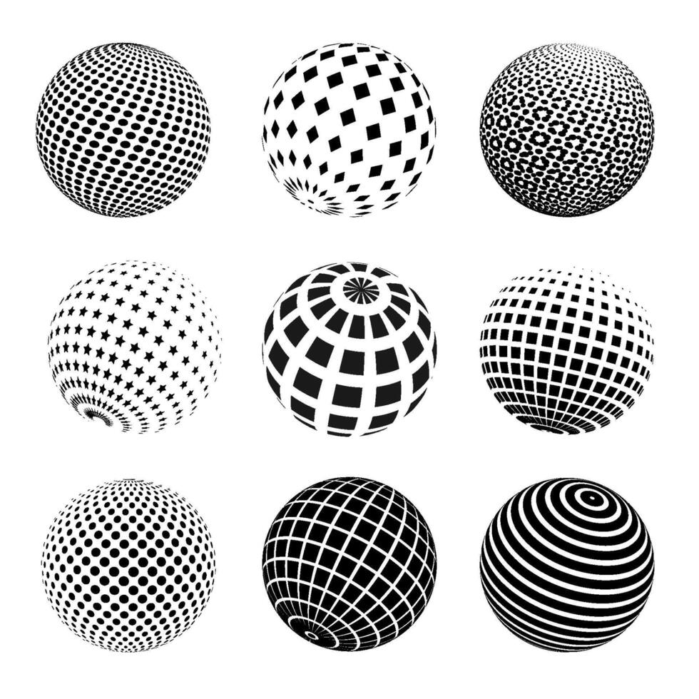 Black halftone spheres collection. Dotted wireframe 3d circles set. Grid globe element bundle. Round, square, starry, striped dotted shape pack for tech poster, banner, cover. illustration vector
