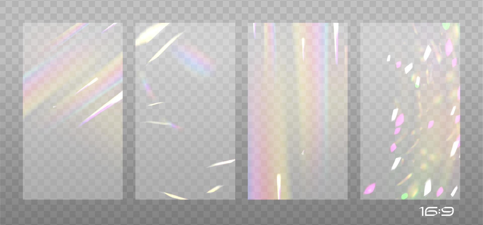 Rainbow highlights set on a light background. Glare or reflection from water and glass in 16x9 size. Glittering particles for social media backgrounds, product presentations, photo shots. vector