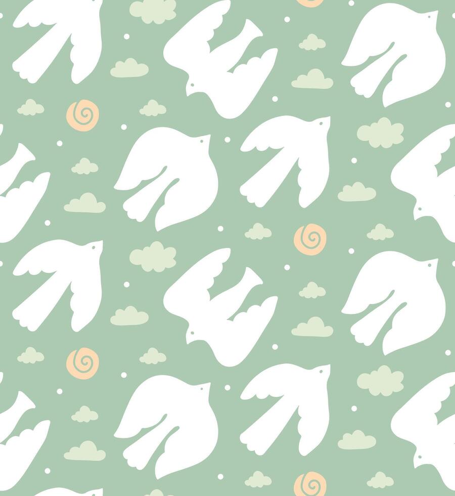 Abstract bird shapes seamless pattern. Contemporary naive art flat cartoon background, simple birds flying in bright pastel sky colors. Flat hand drawn illustration. vector