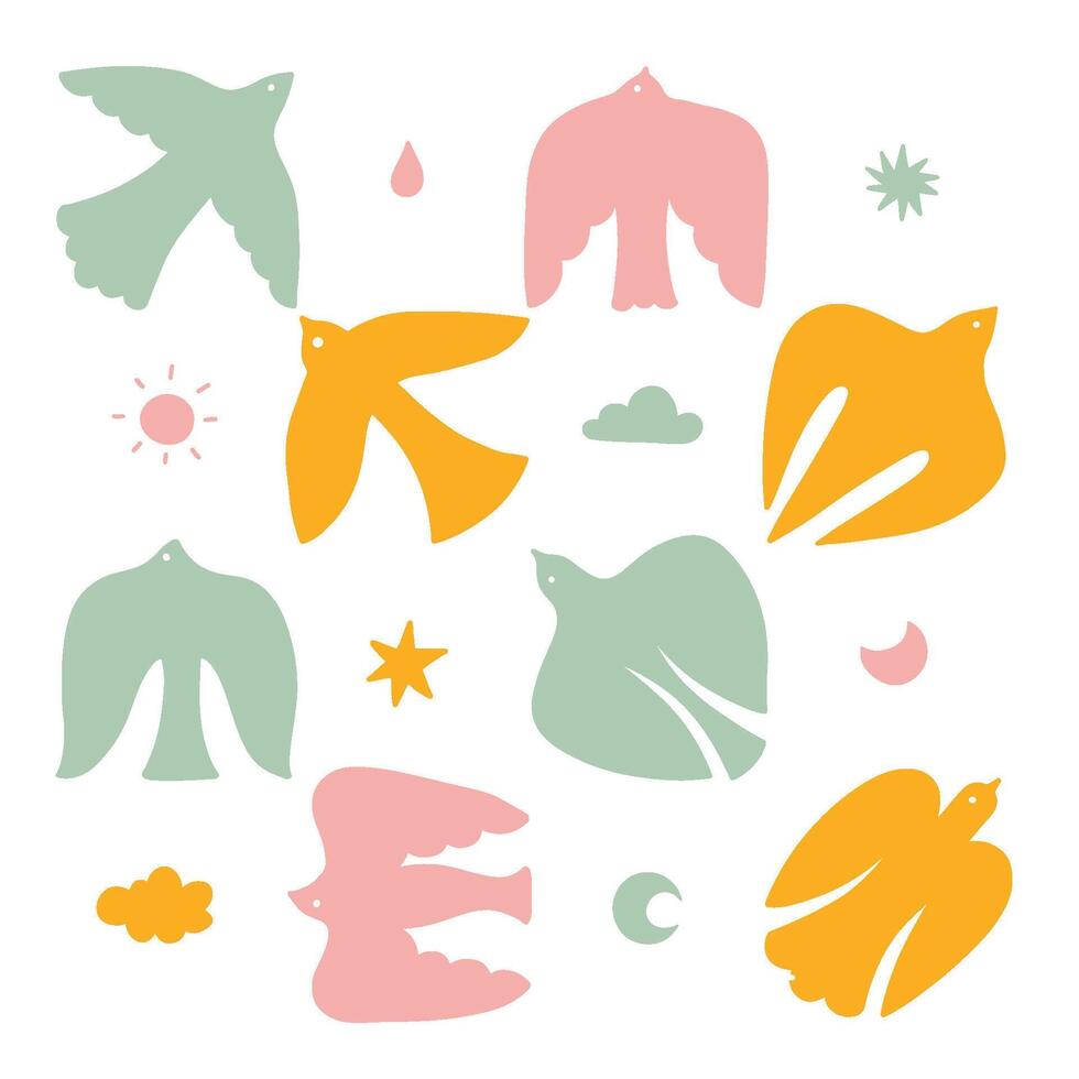 Abstract Boho Birds Icons set. Groovy And Wavy Organic Silhouette for Summer Dove Logos. Groovy colored Hand Drawn Coastal Design. Modern Poster with Irregular Pigeon Shapes. Naive Art Style vector