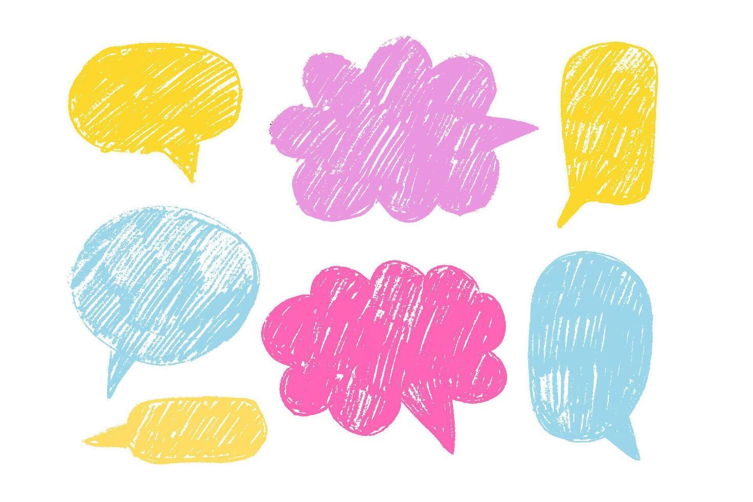 Empty colorful hand drawn grunge pencil speech bubbles set in doodle style. Hand drawn crayon, charcoal, chalk cloud message backgrounds. balloon speak sign dialog communication frame. vector
