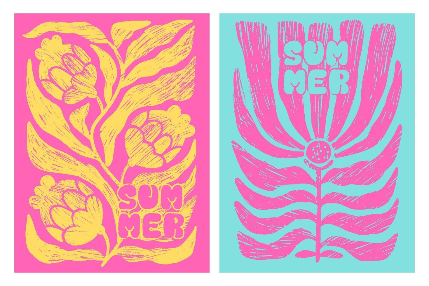 Abstract posters set with organic shape with naive geometric floral doodles. Bogo flowers with word SUMMER. Pencil textured hand drawn illustration. vector
