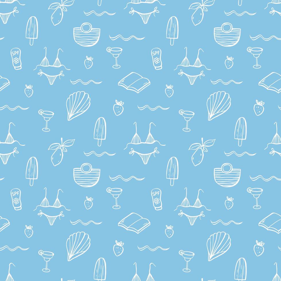 Sea life doodle hand drawn seamless pattern. Vacation seamless pattern vector