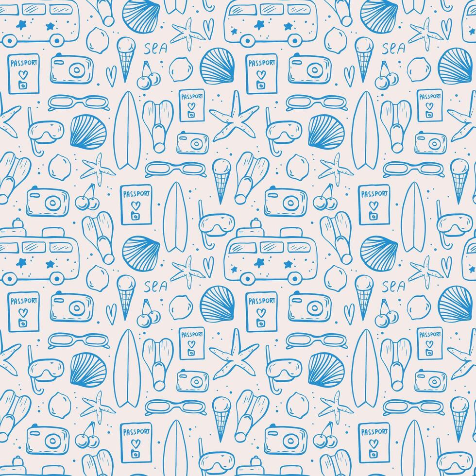 Sea life doodle hand drawn seamless pattern. Surf seamless pattern vector