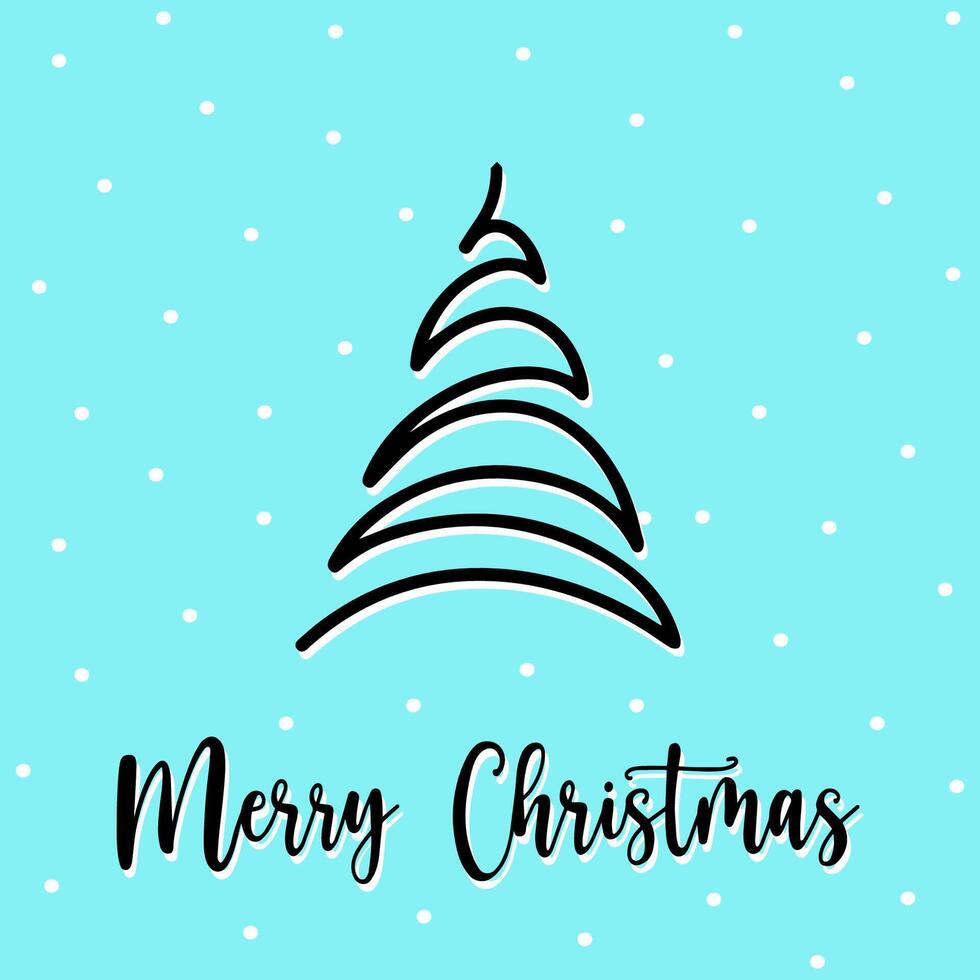 Postcard hand drawn swirl style spruce tree on blue background with snowflakes. Perfect for Christmas postcard design. Ideal for sending seasonal greetings with festive twist in postcard. Fir tree. vector
