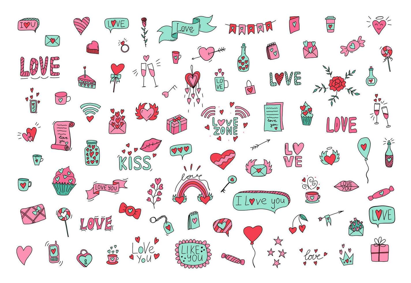 Valentine set with love elements in doodle style. Hand drawn cute set isolated on white background. Romantic elements for Valentines Day or wedding. Love elements and heart symbols for lover. vector