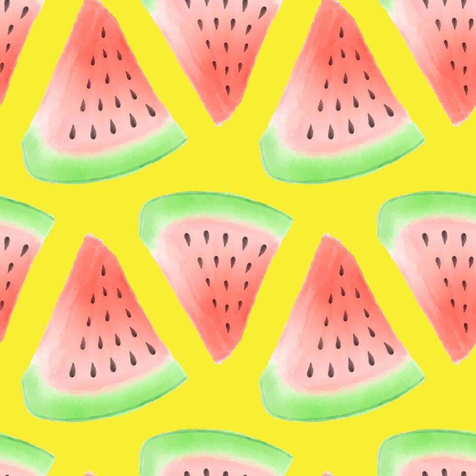 Watercolor watermelon seamless pattern on yellow background. Hand painted watermelon slices for summer print design. Concept juicy tropical fruit for vegan food lovers, watermelon raw healthy food vector