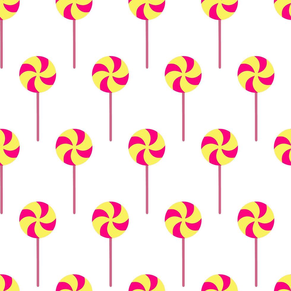 Halloween seamless pattern with yellow swirl lollipop in spooky style. Repeating lollipop for trick or treat theme. Concept sweet Halloween background with colorful festive lollipop design. Candy wrap vector