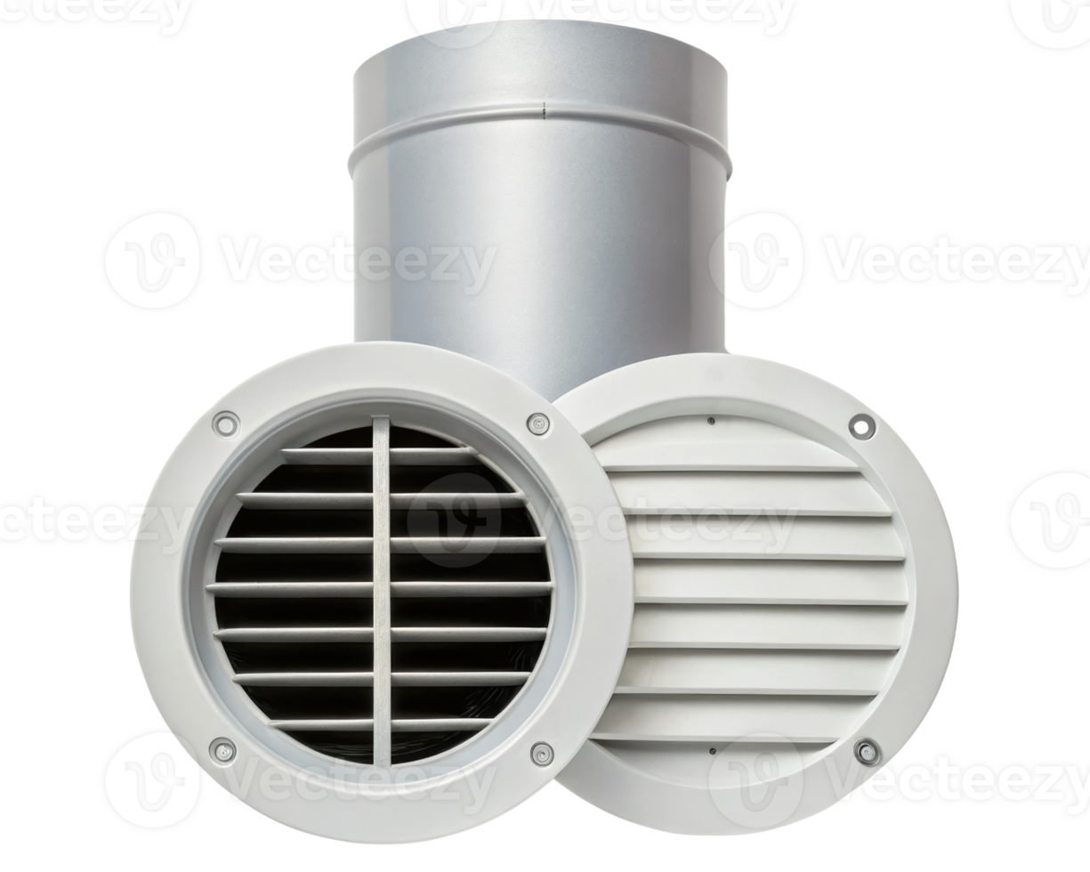 Ventilation duct with dual outlet and adjustable grilles on a transparent background png