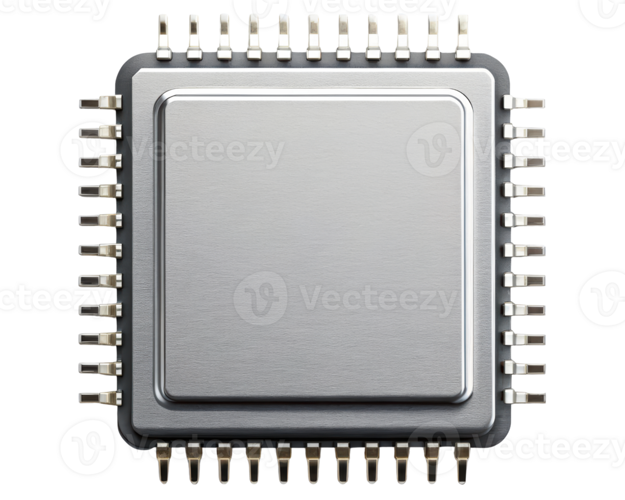 Microchip closeup showing detailed metallic processor pins on a transparent background png