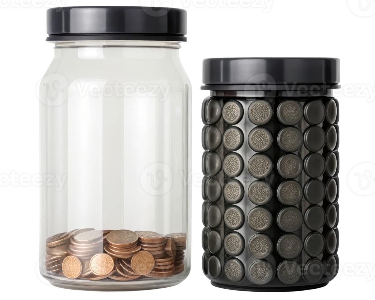Two storage jars designed for coins and small items on a transparent background png