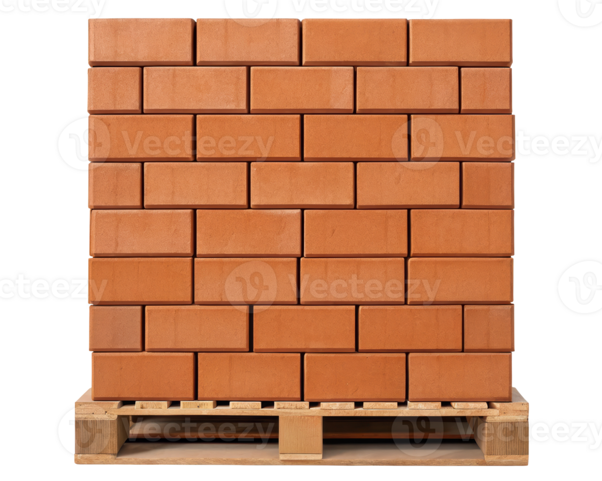 Stacked clay bricks on a wooden pallet for construction use on a transparent background png