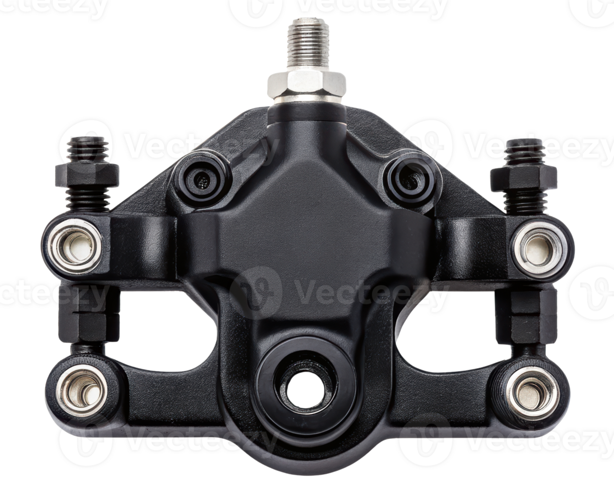 Black mechanical disc brake caliper on a transparent background png