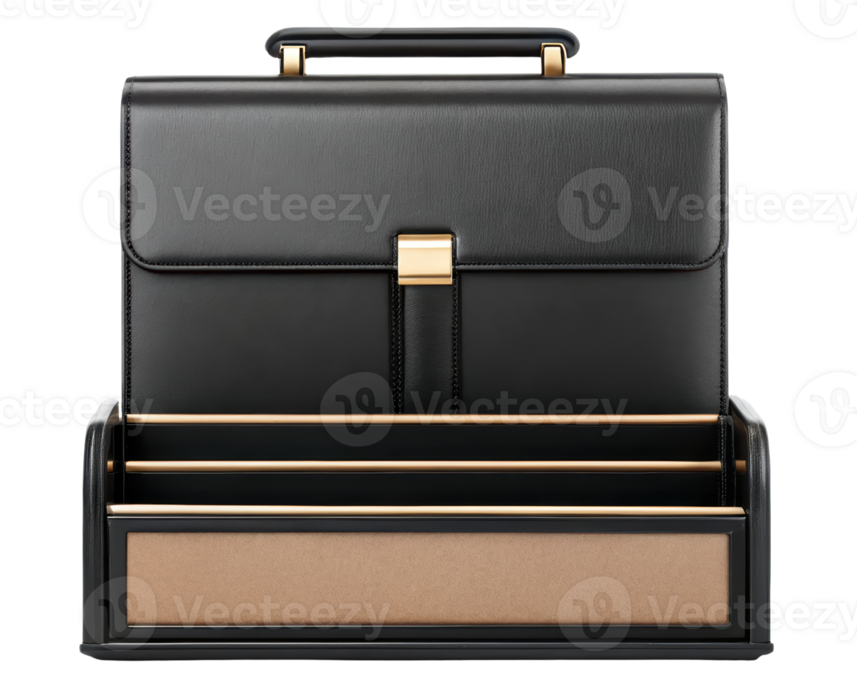 Stylish black briefcase with organized compartments for documents on a transparent background png