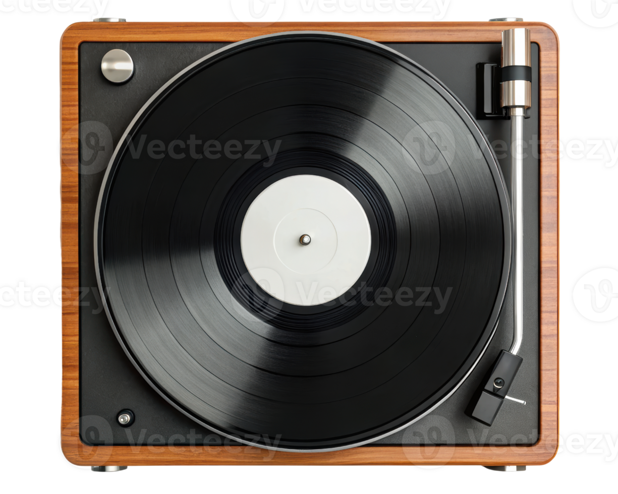 Classic turntable showcasing a vinyl record in motion on a transparent background png