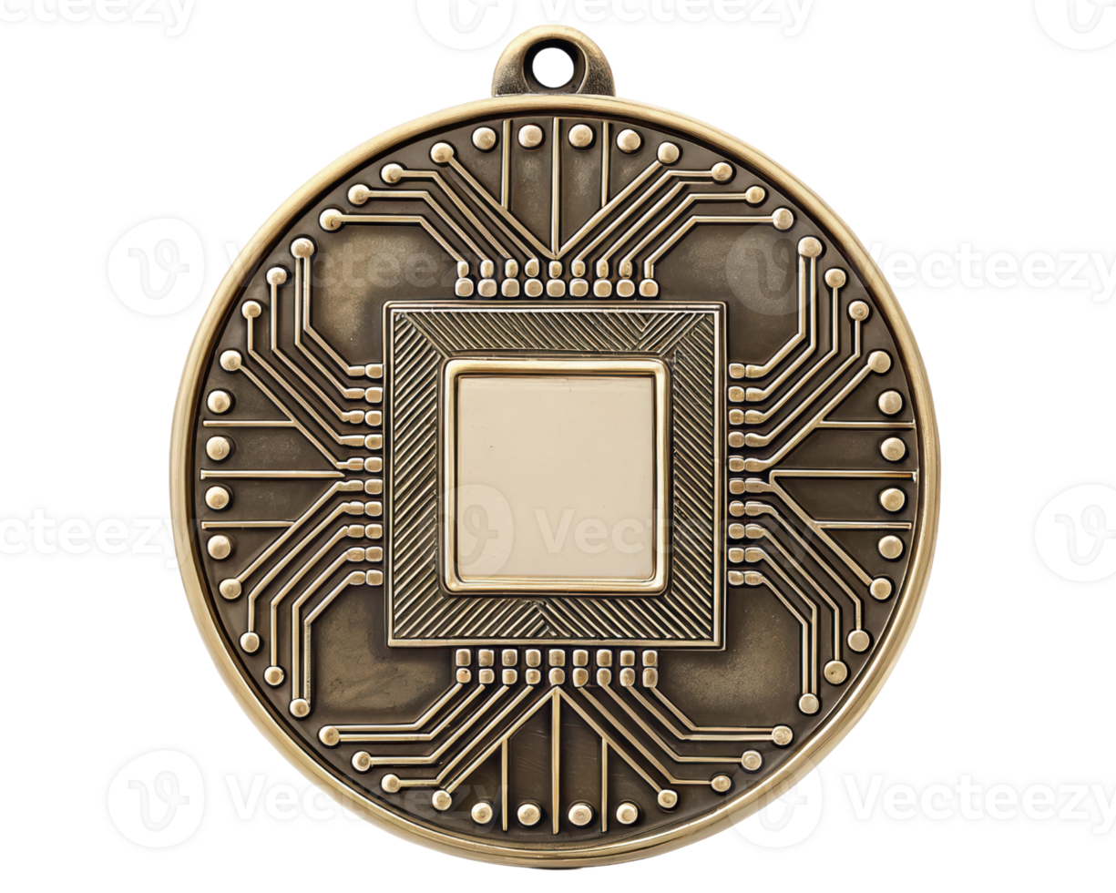 Bronze medal featuring intricate circuit design patterns on a transparent background png