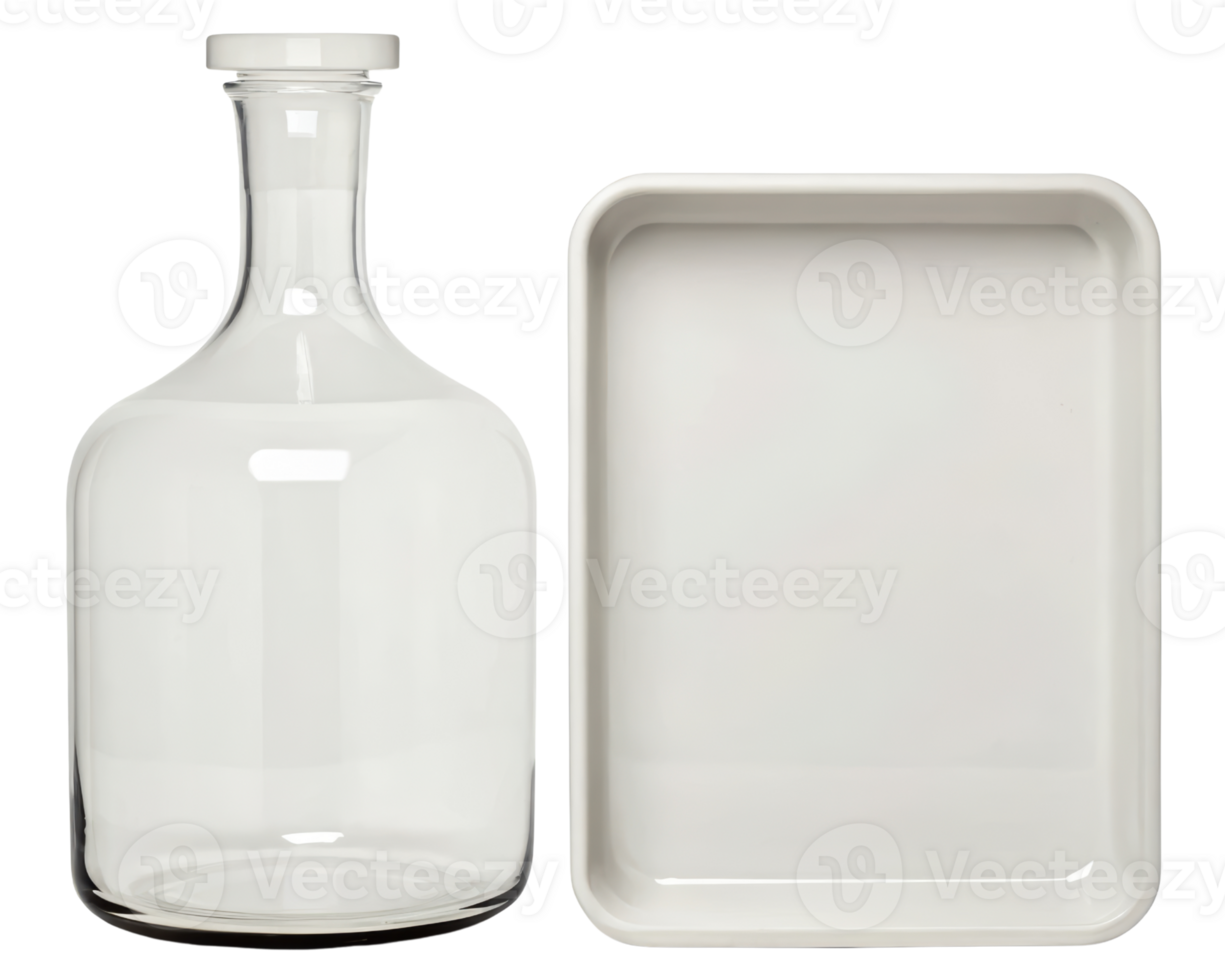 Elegant glass bottle with a matching serving tray on a transparent background png