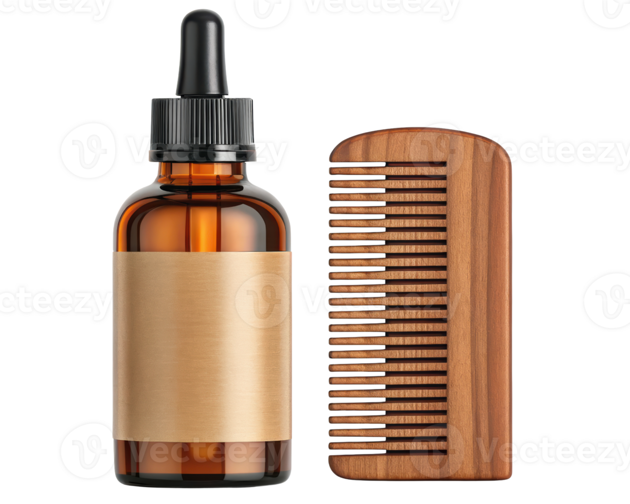 Amber glass bottle with a wooden comb for grooming on a transparent background png