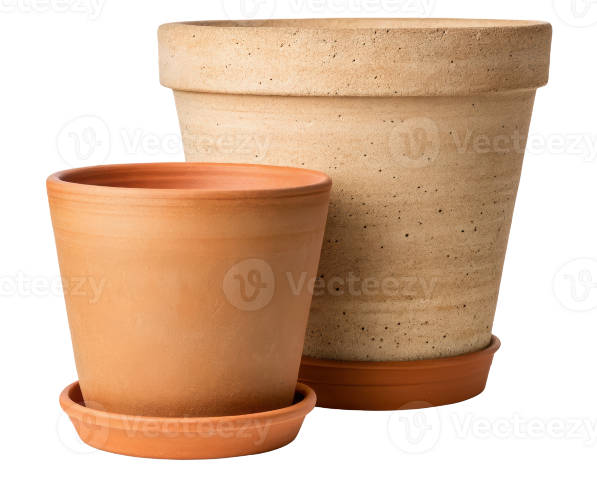 Two terracotta pots with matching saucers for plants on a transparent background png