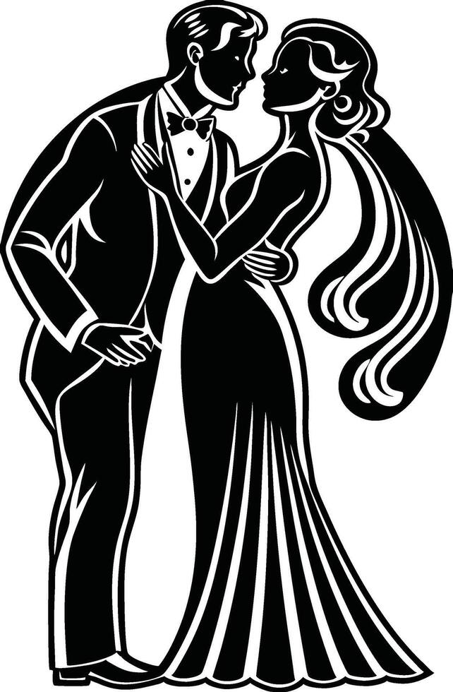 Romantic Black and White Silhouette of a Bride and Groom Kissing vector