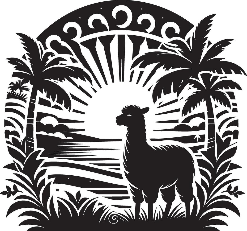 Art of a tropical island landscape with palm trees and lamb vector