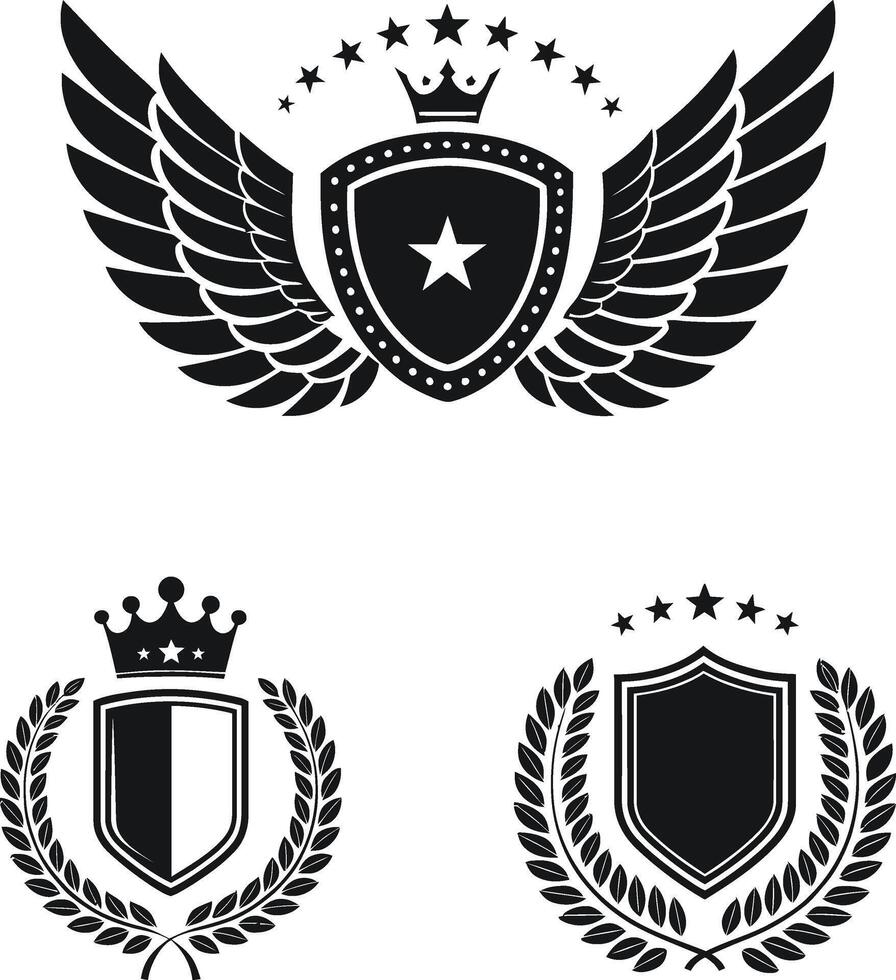 Three Elegant Heraldic Shields Designs with Wings Crowns and Laurels Perfect for Logos Branding and More vector